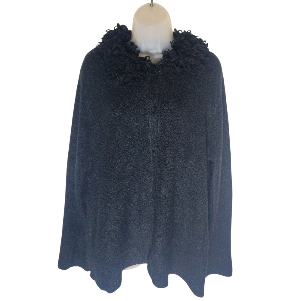 Vintage Black Textured Knit Cardigan Eyelash Trim Collar Button Front Sweater XL